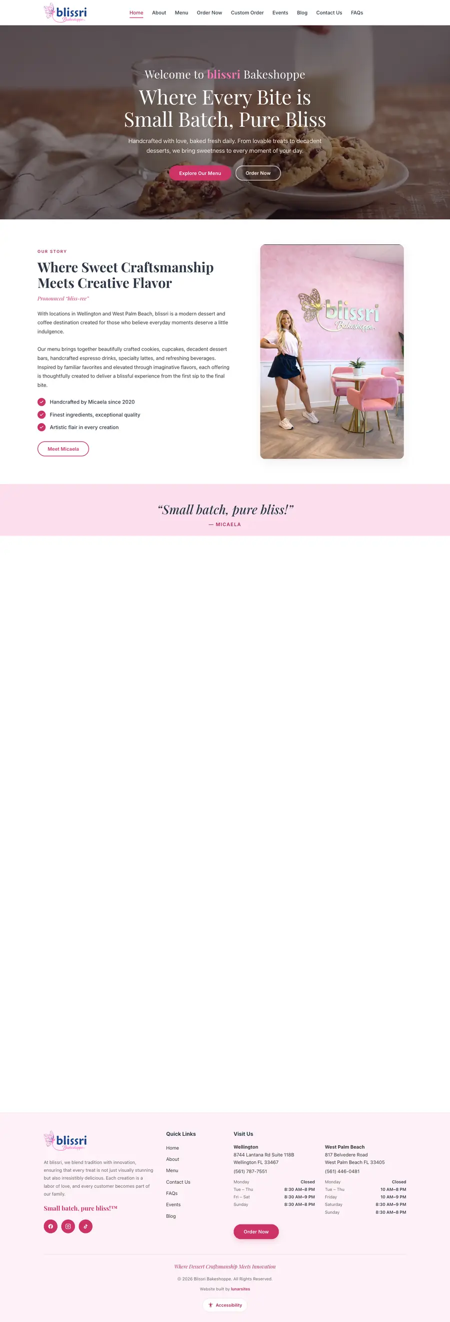 Blissri Bakeshoppe homepage, full length on desktop
