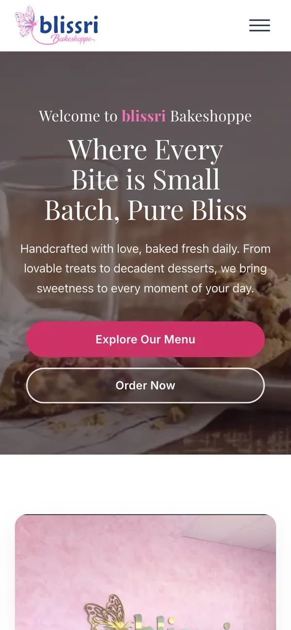 Blissri Bakeshoppe homepage on a phone