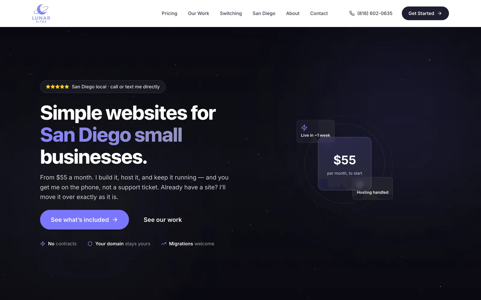 LunarSites homepage on desktop