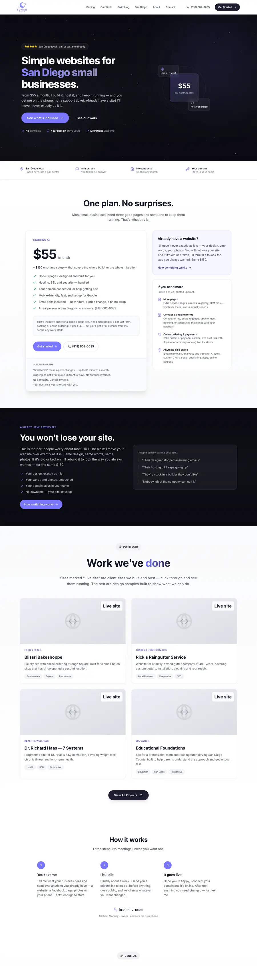 LunarSites homepage, full length on desktop