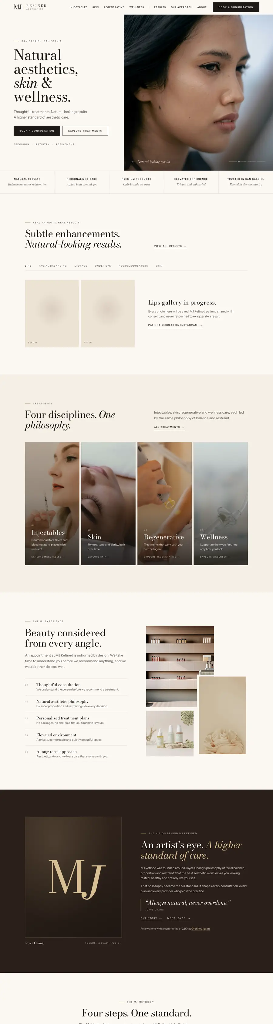 MJ Refined Aesthetics homepage, full length on desktop