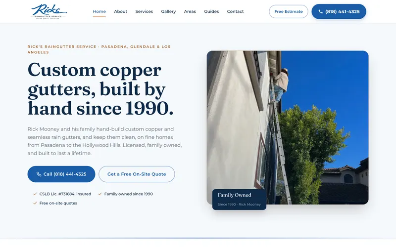Rick’s Raingutter Service website homepage