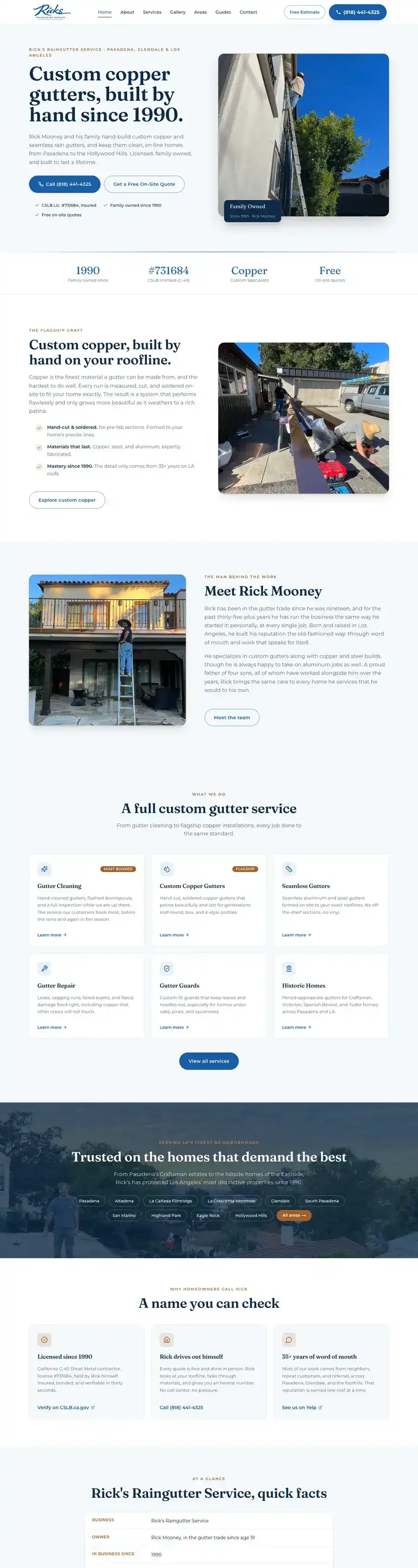 Rick’s Raingutter Service homepage, full length on desktop