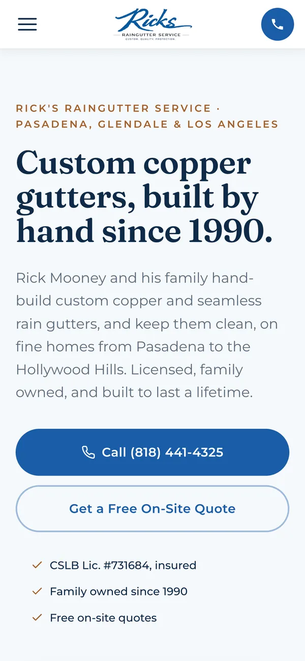 Rick’s Raingutter Service homepage on a phone