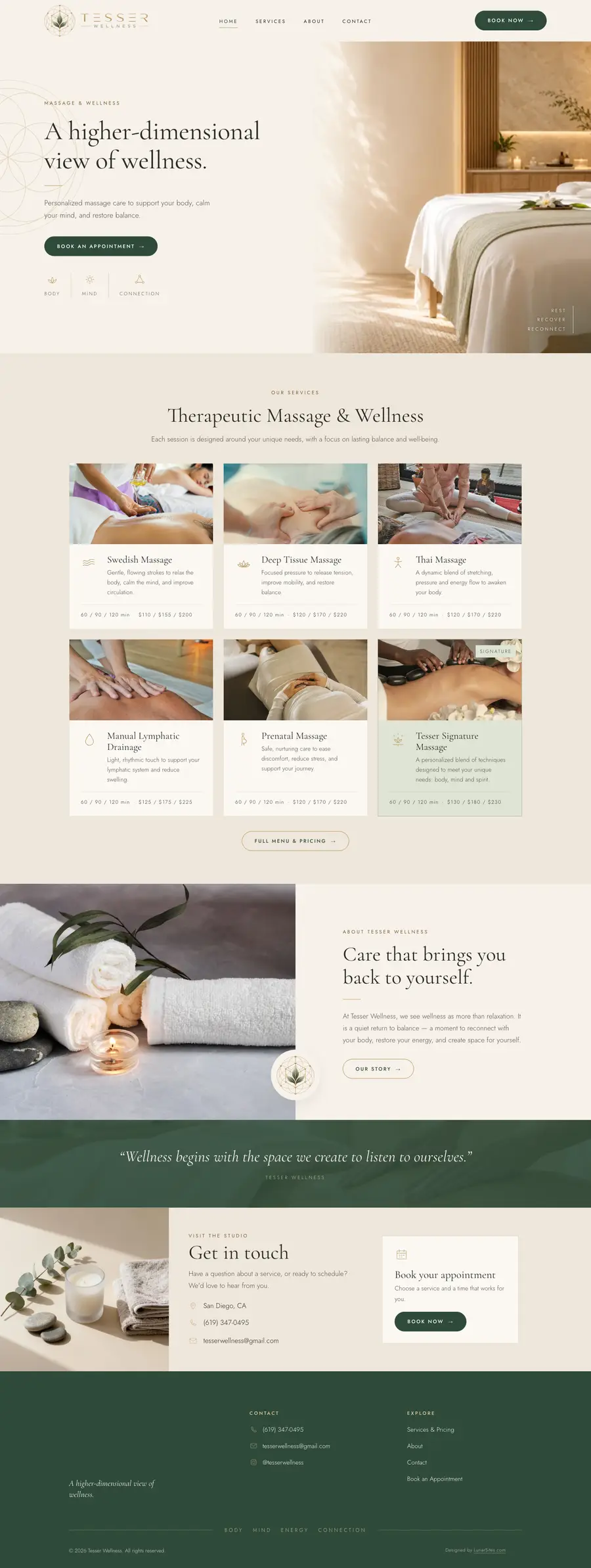 Tesser Wellness homepage, full length on desktop