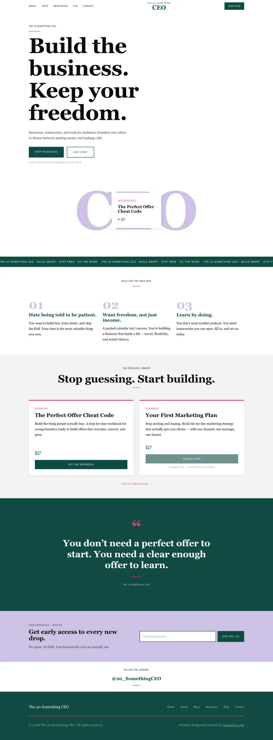 The 20-Something CEO homepage, full length on desktop